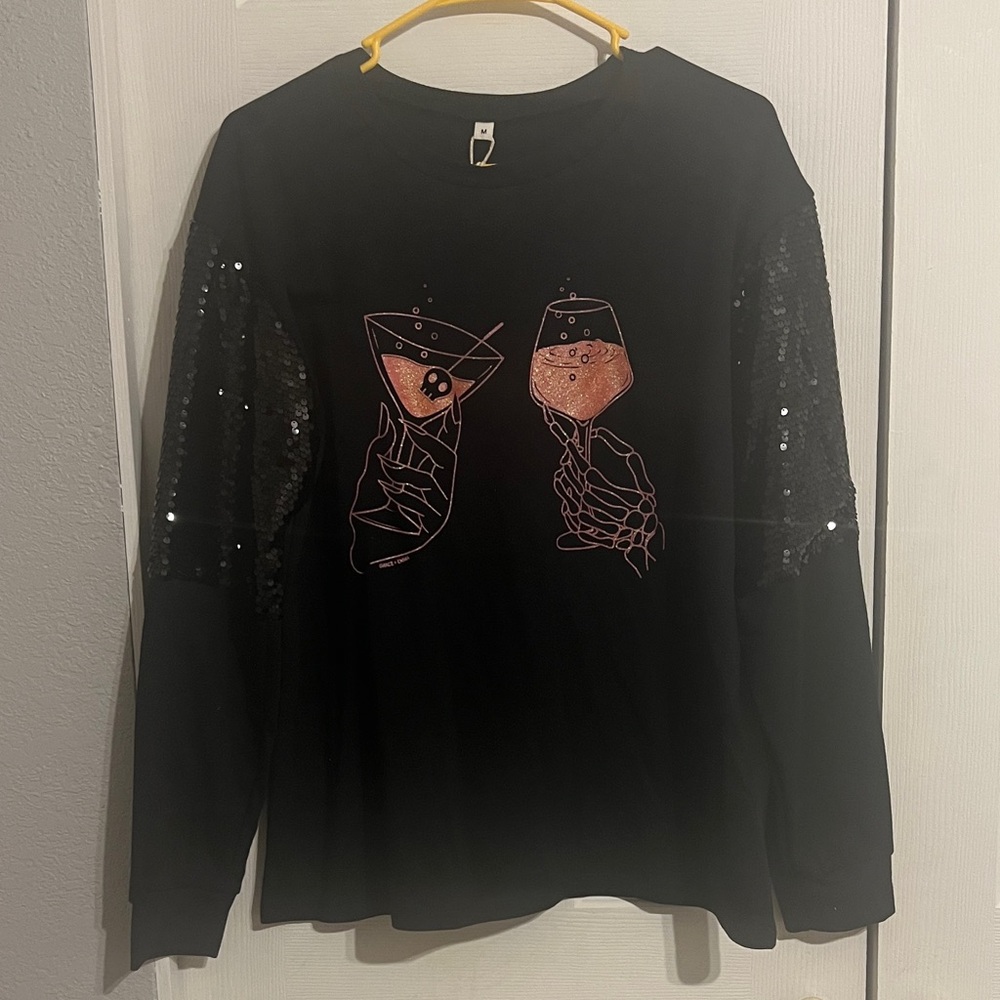 Black Long Sleeve Sequin Sleeve Tee with Rose Gold Cocktail Graphic